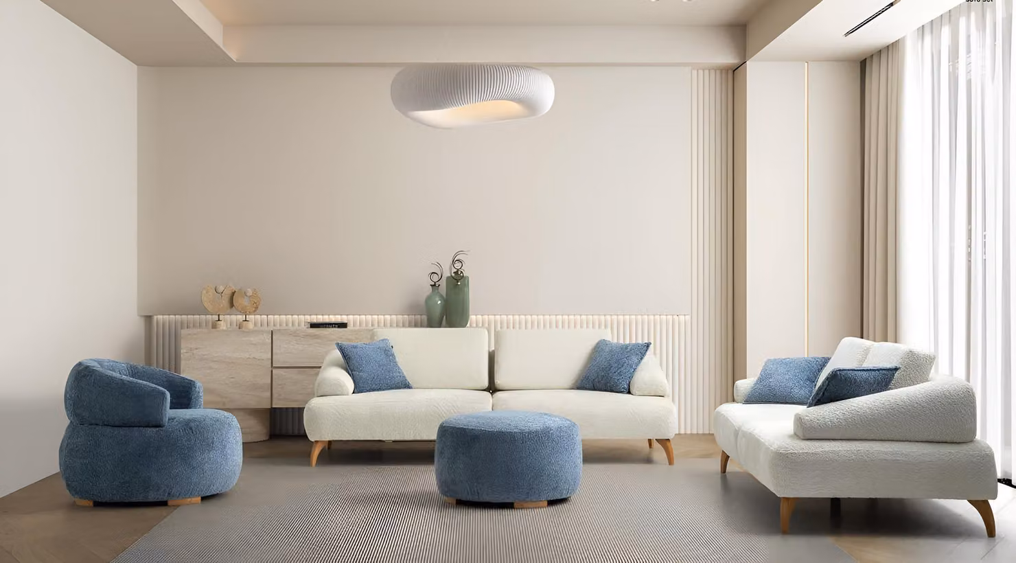 Blau-Weiße Sofagarnitur Polstermöbel Luxuriöse Wohnzimmer 3-Sitzer