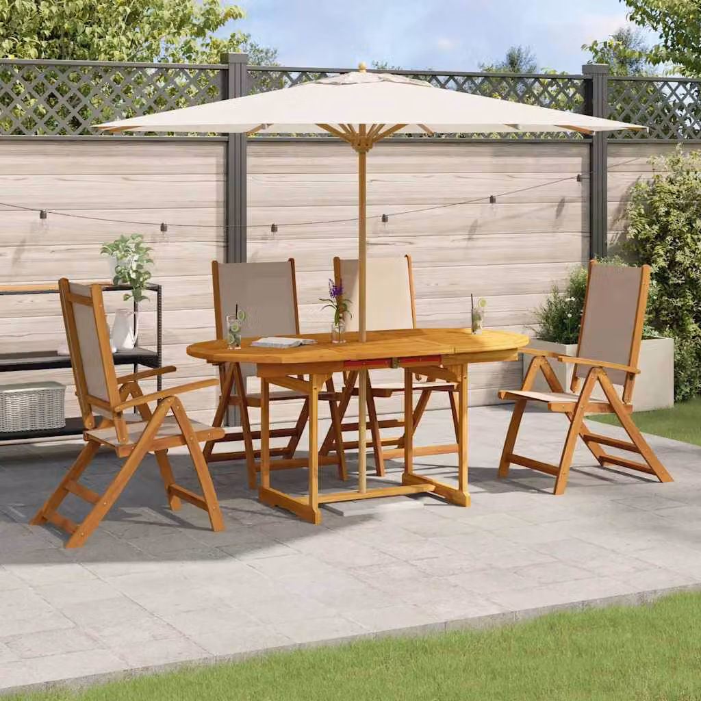 Set da pranzo da giardino vidaXL in legno di acacia e textilene, 5 pezzi, marrone e beige, tavolo rettangolare estensibile con piano pieghevole