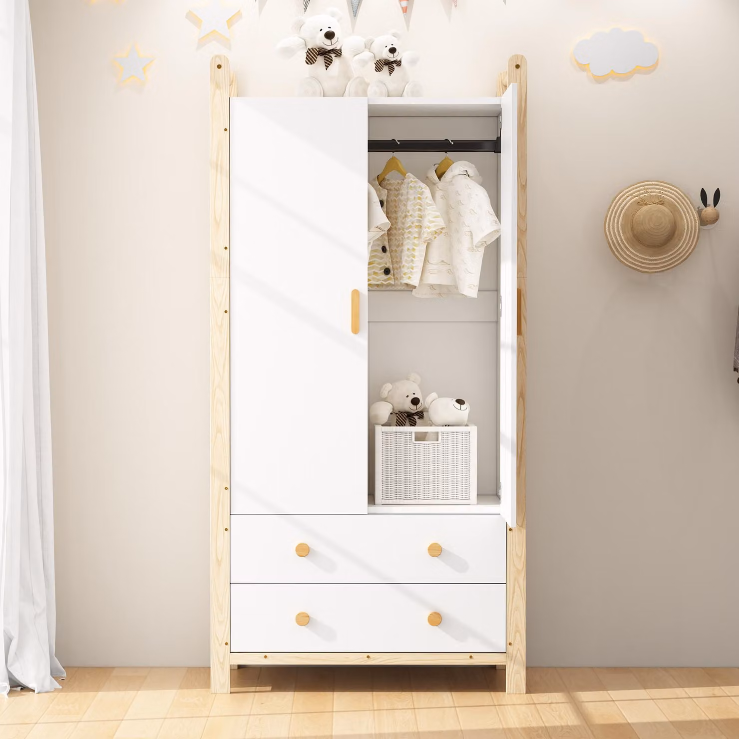 Armadio Sweiko a 2 ante, armadio con asta appendiabiti, 2 cassetti, adatto per camera da letto, soggiorno, guardaroba per corridoio, in truciolato, corpo bianco + struttura in pino, 90×45×180 cm