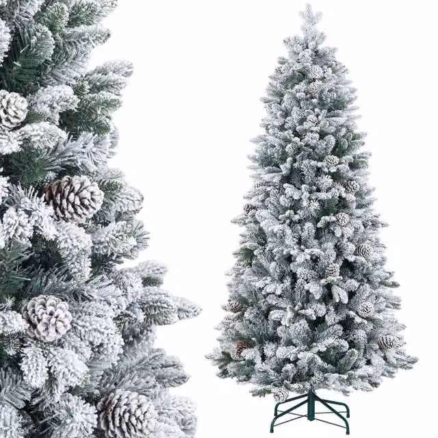 Albero di Natale Minimal con pigne e rami innevati verde, Altezza: 180 cm