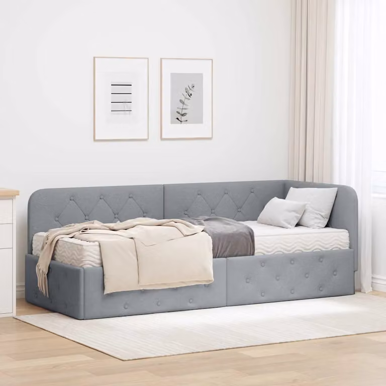 Cornice del letto ad angolo vidaXL Grigio, con chaise longue asimmetrica e struttura in tessuto e legno, L 200 x P 80 x H 72 cm