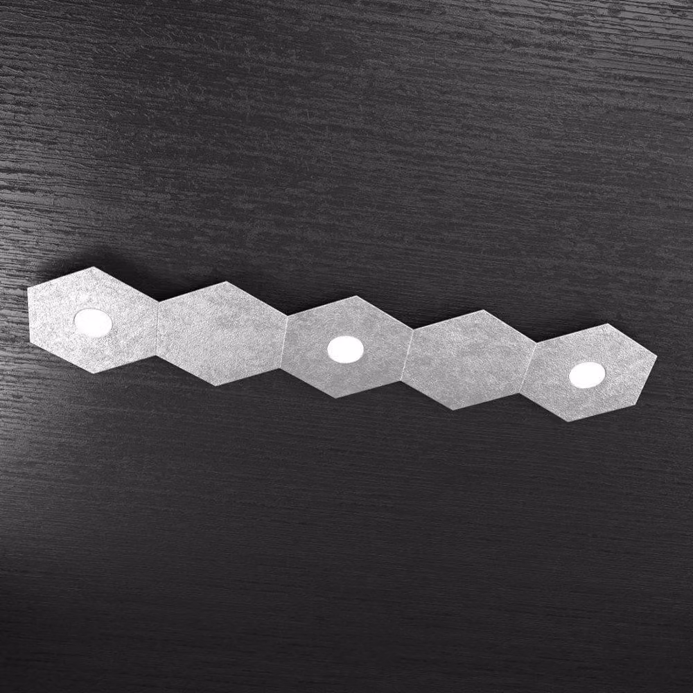 Plafoniera Moderna 5 Moduli Hexagon Metallo Foglia Argento 3 Luci Led 12X3W