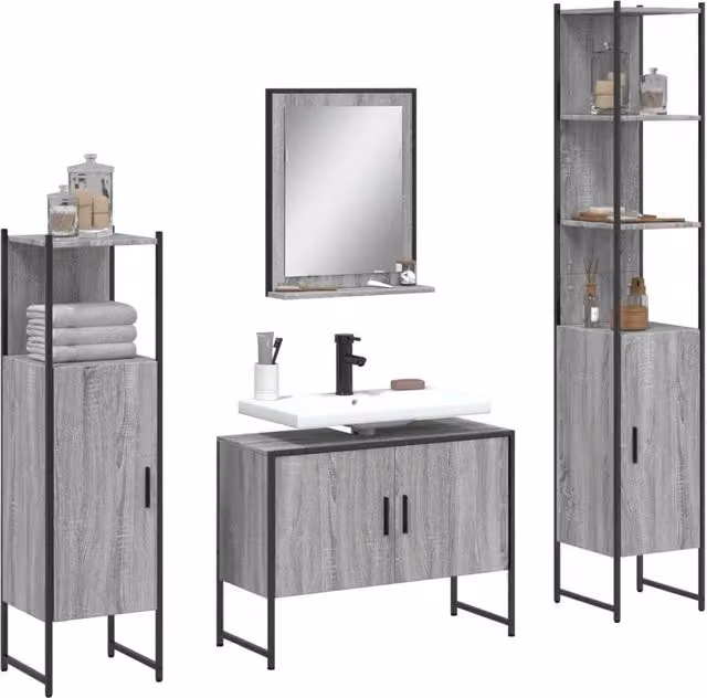 Set Mobili da Bagno 4 pz Grigio Sonoma in Legno Multistrato 3214362