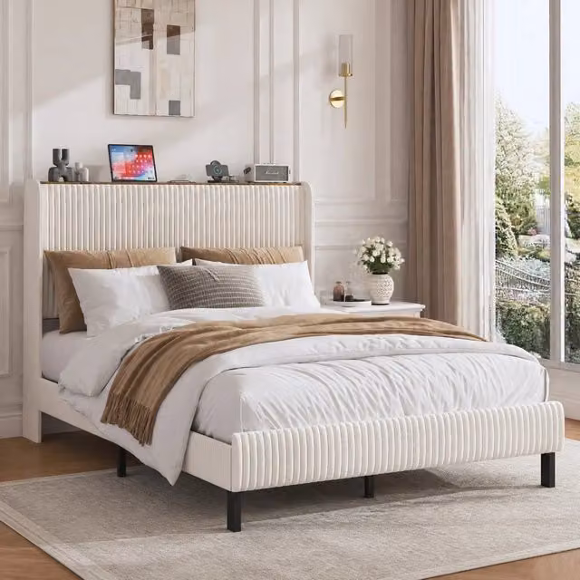 Letto imbottito 140x200 cm con testiera a canali in velluto a coste beige e crema
