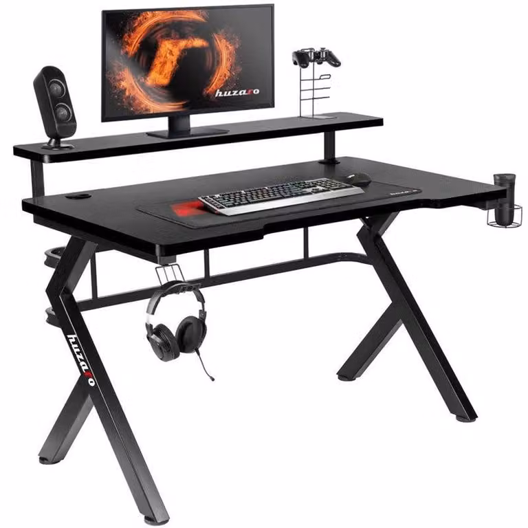Scrivania da gaming ergonomica, elegante e di colore nero, per la configurazione di gioco definitiva