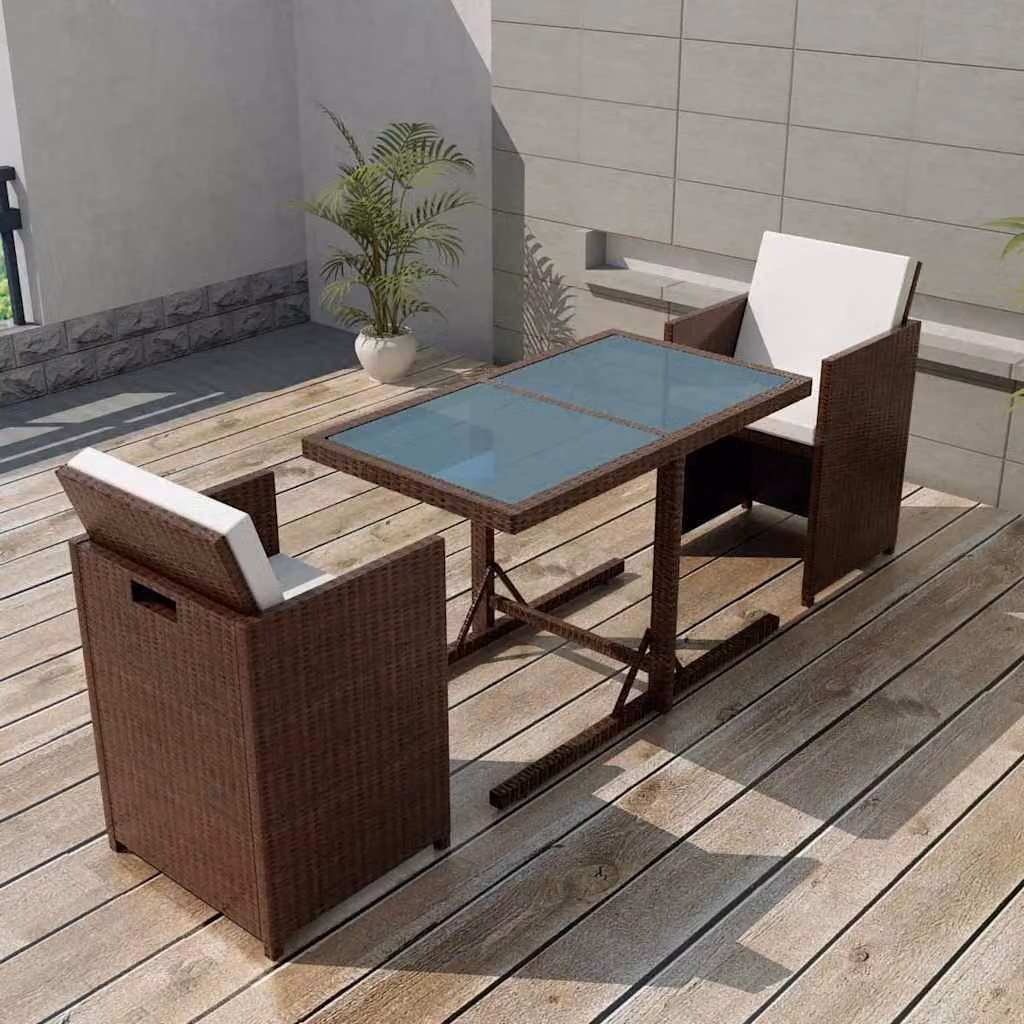 Set da Bistrot vidaXL 3 pz in Polyrattan Marrone con Cuscini Bianchi e Piano in Vetro per Giardino e Terrazzo