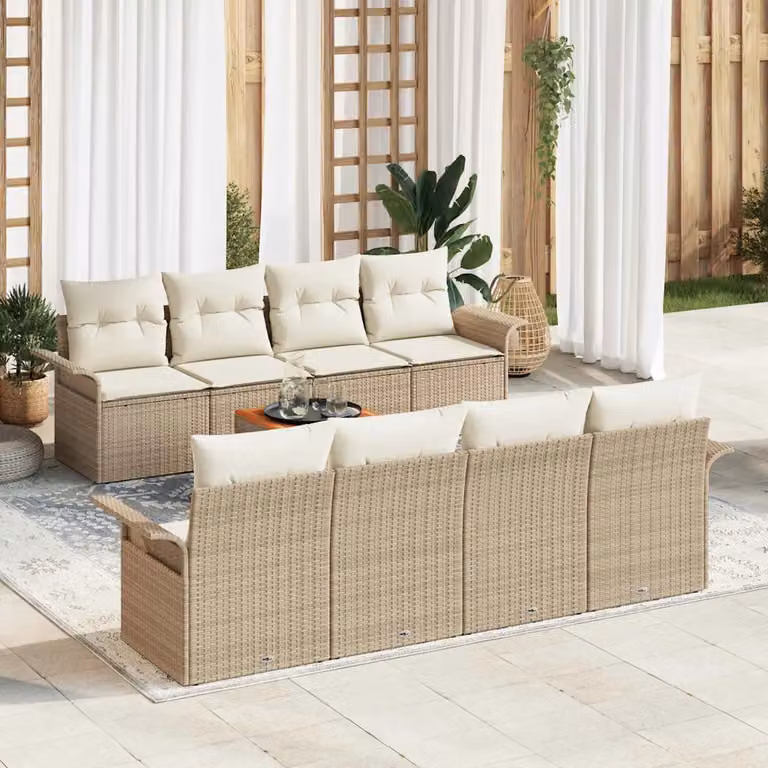 Set Divano da Giardino vidaXL 9 Pezzi Beige con Cuscini e Tavolino in Polyrattan e Acciaio