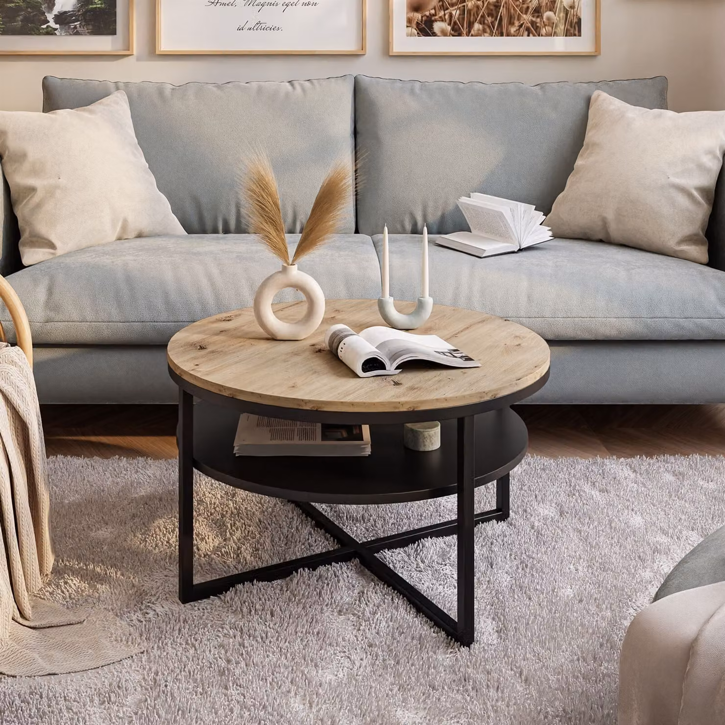 Tavolino rotondo CIRI-X con ripiano, nero / rovere Artisan