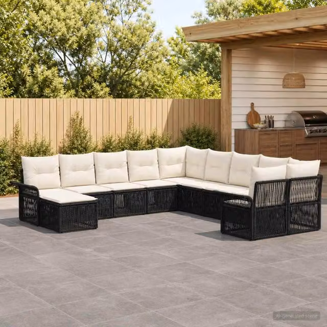Set Divano da Giardino 11 pz Nero e Bianco Crema polyrattan 3435028