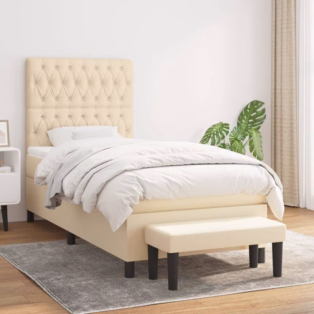 vidaXL Giroletto a Molle Ibrido con Materasso in Tessuto Beige e Bianco L/P/H: 200 x 100 x 128 cm