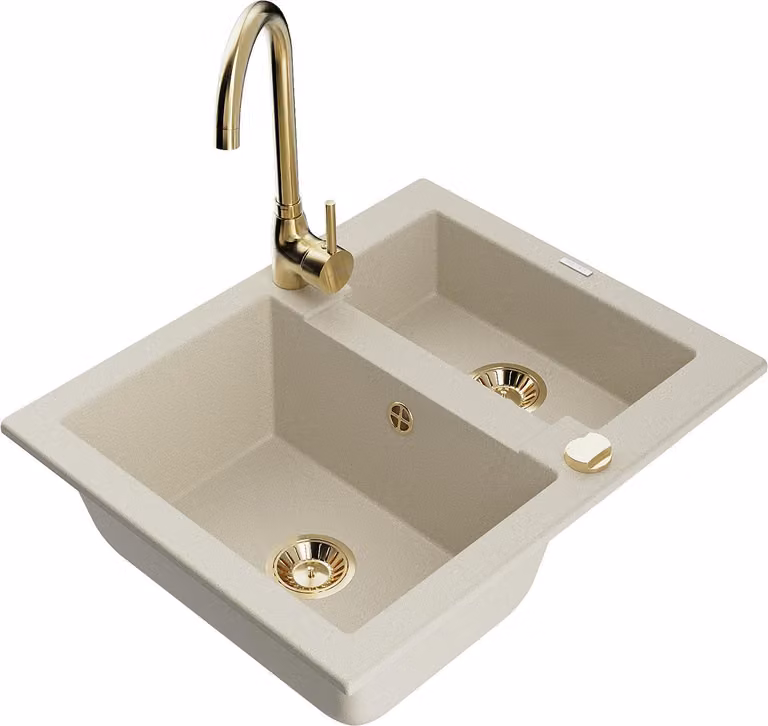 Mexen Carlos lavello da cucina in granito 1,5 vasca con rubinetto Telma, beige - 6518-69-670200-50