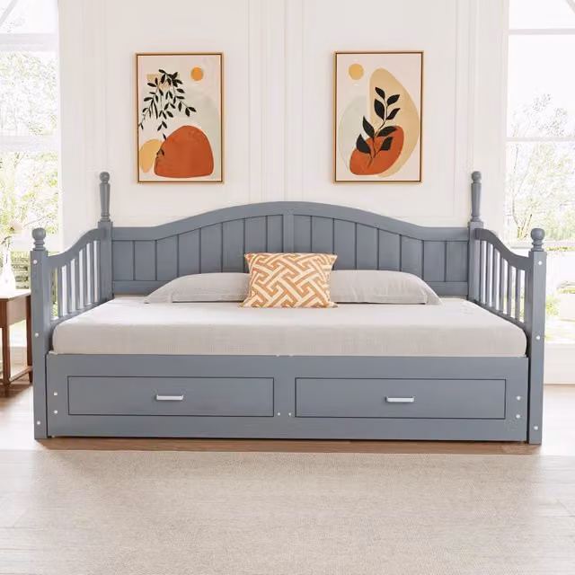 Letto estraibile matrimoniale in legno e MDF con 2 cassetti e rete, colore grigio, L: 197 cm, P: 97 cm, H: 95 cm (senza materasso)