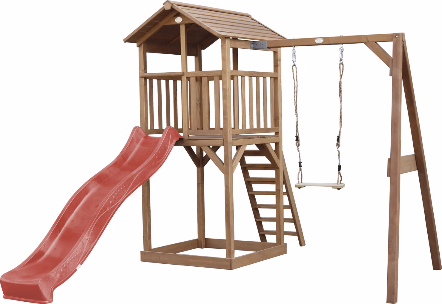 AXI Beach Tower parco giochi in legno in marrone | Torre di gioco per bambini con sabbiera, altalena e scivolo rosso | Casa per bambini su palafitte per il giardino