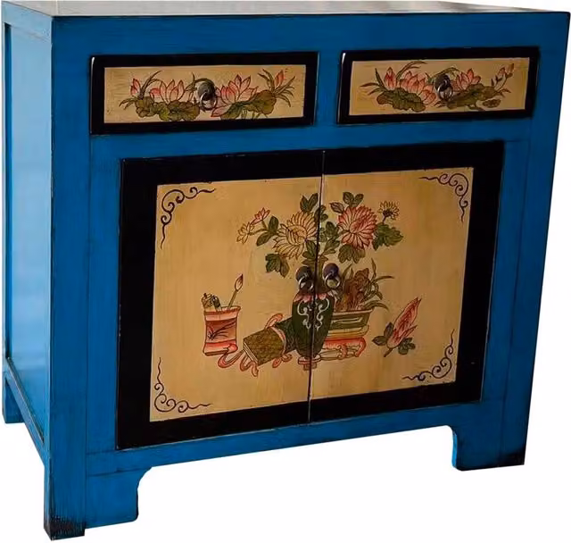 Credenza Wanderlust Deco in legno e metallo con decorazioni floreali orientali, blu, oro e nero, L: 90 cm, P: 40 cm, H: 87 cm