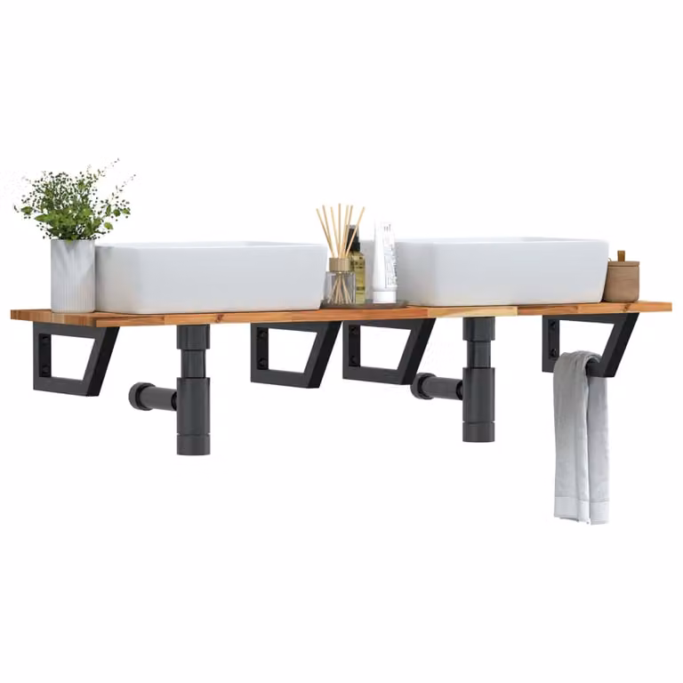 vidaXL Ripiano a Parete per Lavabo in Accacia e Acciaio, Nero e Marrone, L: 40 cm, P: 17 cm