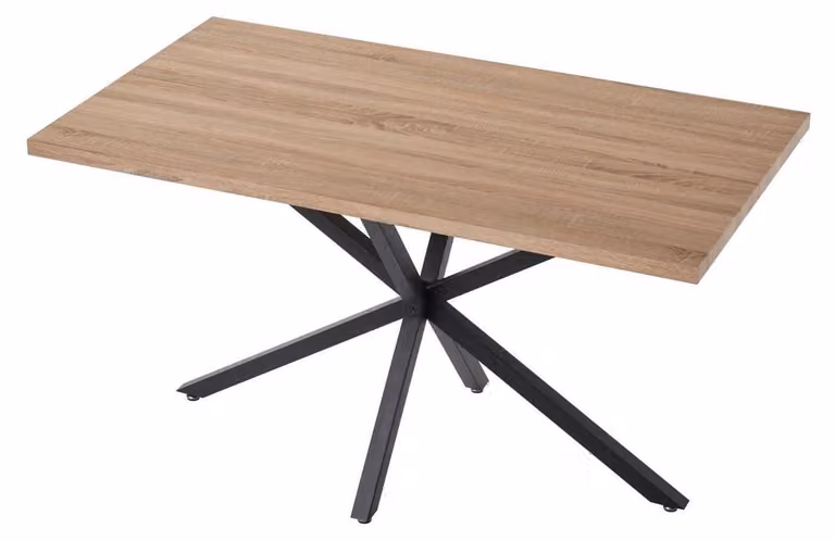 Tavolo da pranzo rettangolare, legno impiallacciato in rovere chiaro, gambe in metallo, dimensioni 140x78x77 cm
