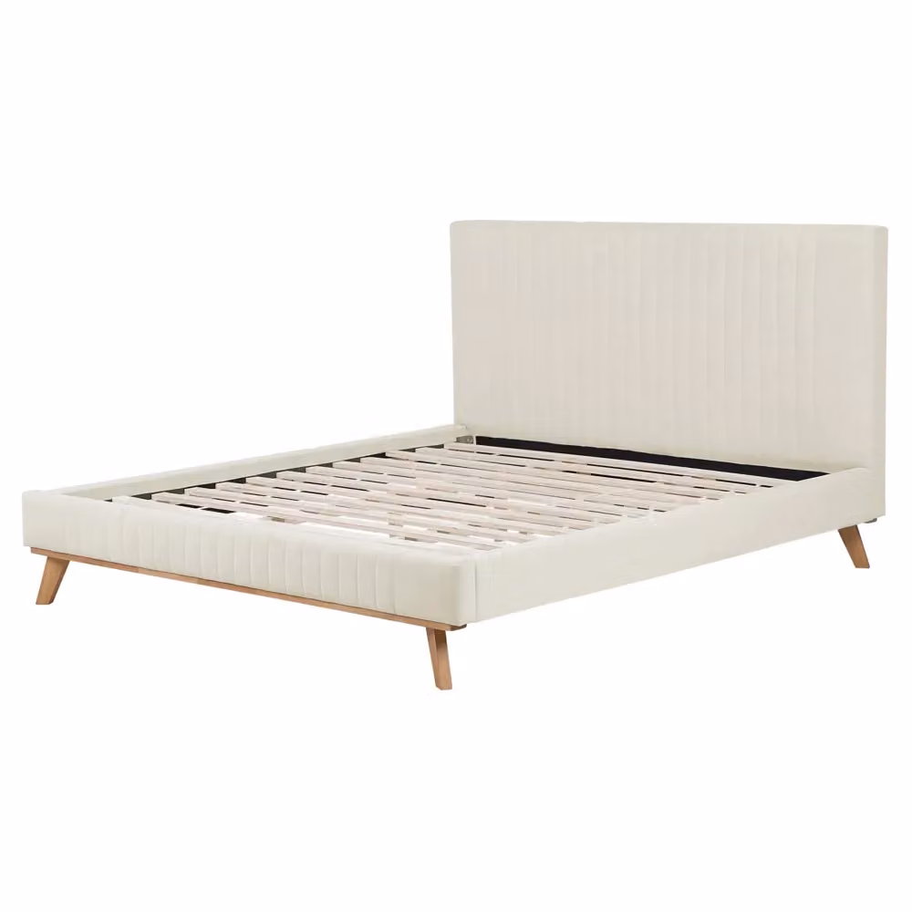 Letto Beliani imbottito in tessuto beige con struttura in legno di gomma oliato L/P/H: 218 x 160 x 106 cm – 2
