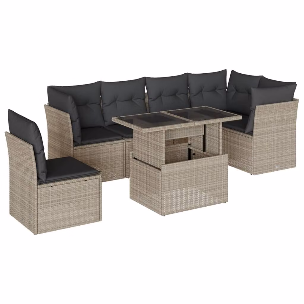 Set Divani da Giardino 7pz con Cuscini Grigio Chiaro Polyrattan