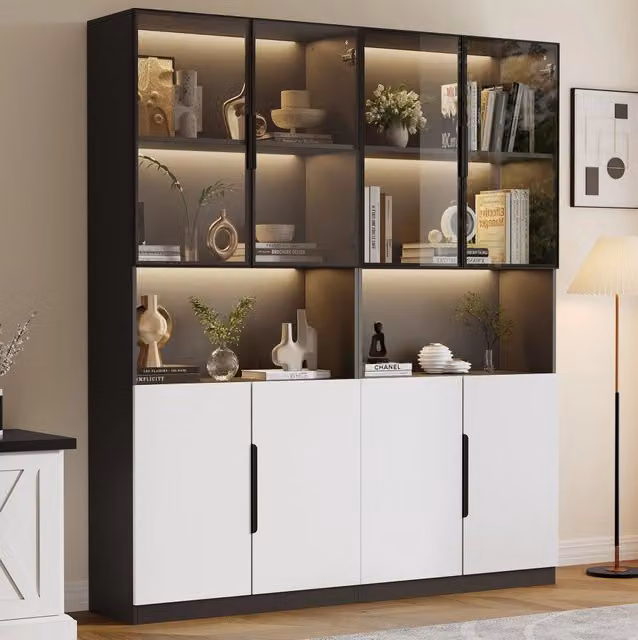 Vetrina in truciolare con porte in vetro temperato; LED; 160x30x200 cm; bianco e nero