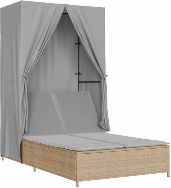 Lettino prendisole da giardino in polyrattan con tetto parasole e poggiatesta regolabile, colore beige e grigio – 1