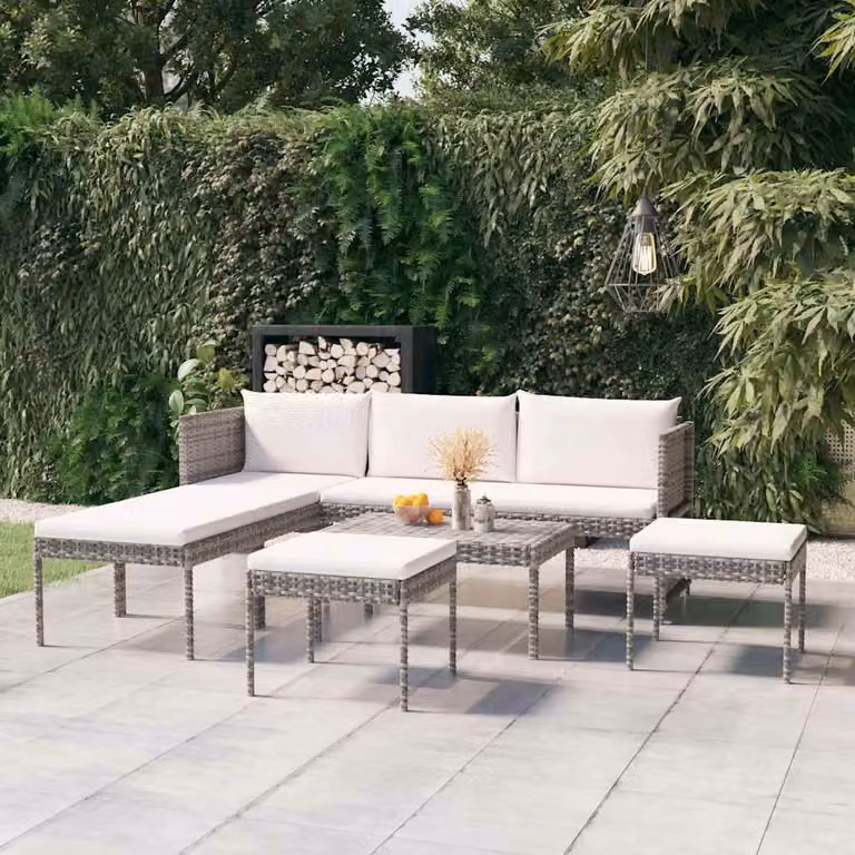 Set di divani da giardino vidaXL in rattan grigio con cuscini e tavolino da esterno 6 pezzi