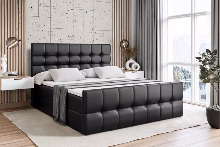 Letto boxspring ALTDECOR con materasso e rete a doghe - - BERO -Z - 120x200 cm, Pelle finta nera - Letto boxspring, pediera, topper, letto imbottito con contenitore, letto con vano portaoggetti H4 - Materasso, letto matrimoniale, letto boxspring