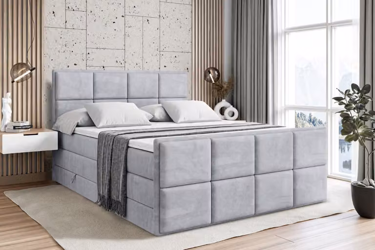 Letto boxspring ALTDECOR con pediera, 2 materassi e topper - 120x200 cm - NOVA-Z KING - Velluto grigio chiaro - Letto imbottito con materassi H3 e H4, contenitore e rete a doghe, letto con contenitore