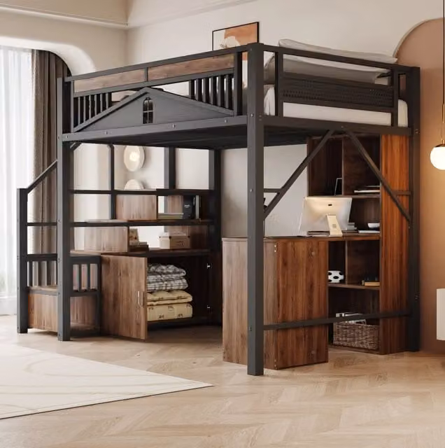 Letto a soppalco in metallo 140x200 cm con scala contenitore; nero