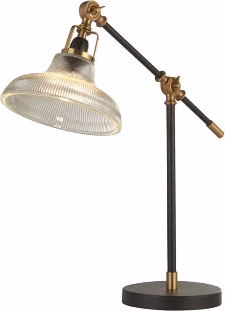 Lampada da scrivania Searchlight Berwick in metallo nero e oro con paralume in vetro trasparente, regolabile, attacco E14