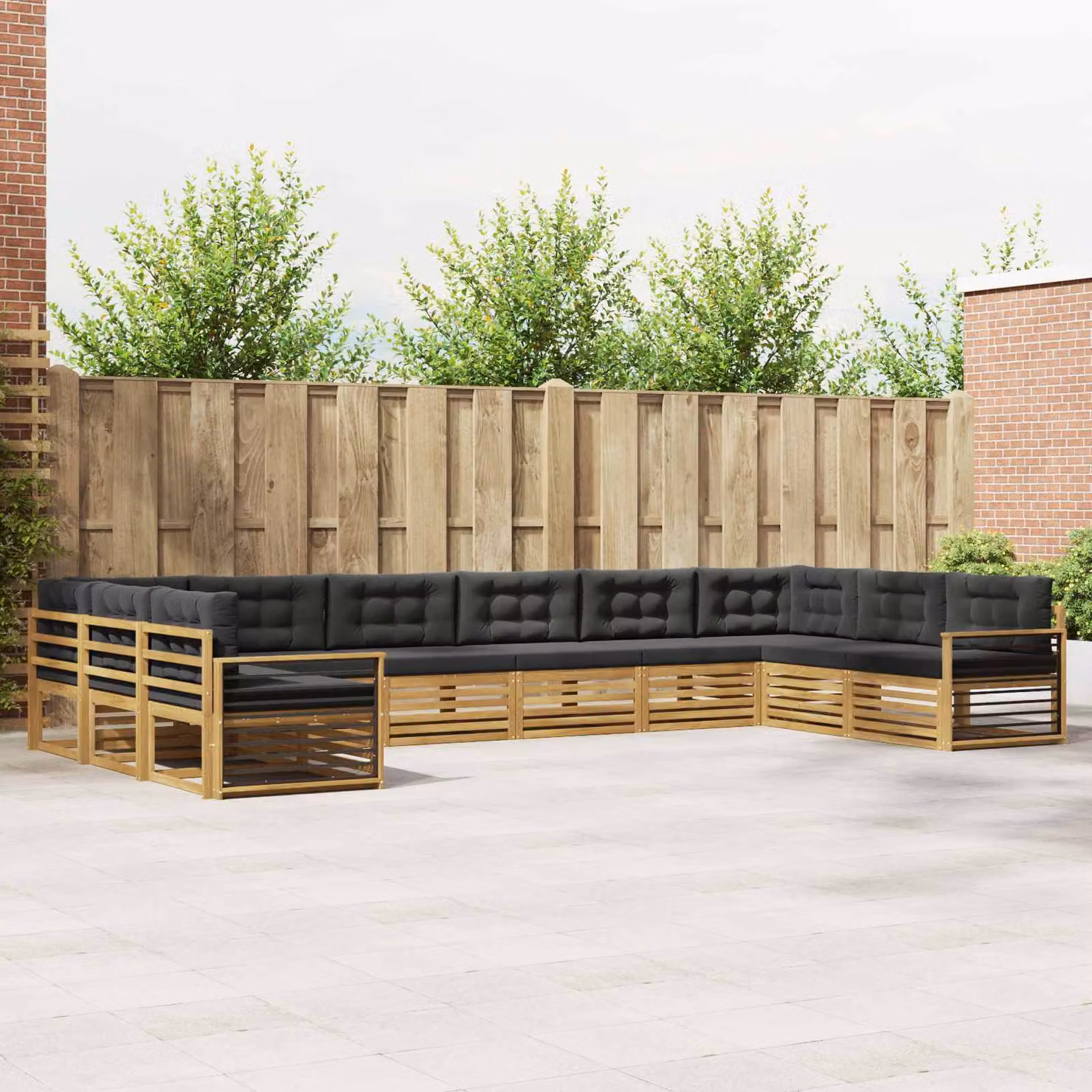 Set di divani da giardino vidaXL 10 pezzi in legno di acacia con cuscini, design moderno a L, colore antracite e nero