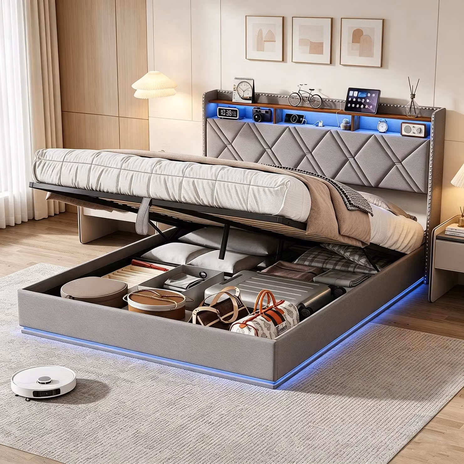 Letto imbottito INONEFT, modello boxspring, 140x200 cm, con luci LED e caricabatterie USB, letto a una piazza o a due piazze con rete a doghe e spazio contenitore ad apertura idraulica, rivestito in lino, colore grigio