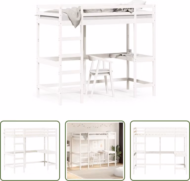 The Living Store Letto a soppalco con scrivania bianco 90x200 cm in legno di pino massiccio