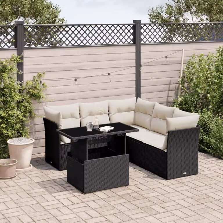Set Divano da Giardino vidaXL 6 pz a L con Cuscini, Nero e Bianco, in Polyrattan con Tavolino e Struttura in Acciaio Verniciato a Polvere