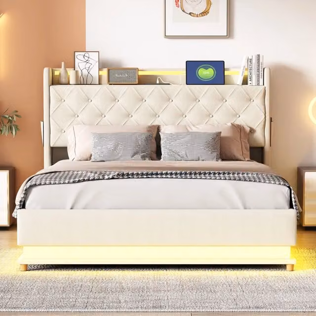 Letto matrimoniale imbottito 140 × 200 cm con LED multicolore, USB e vano idraulico, senza materasso, beige