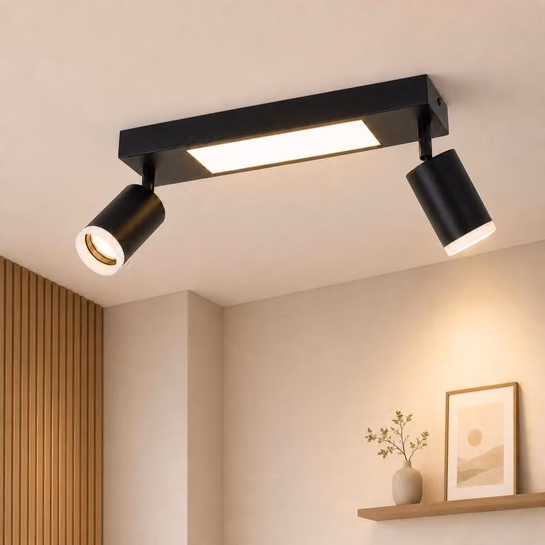 ZMH Faretto da soffitto a LED, lampada da soffitto 3000K bianco caldo, a 2 luci, lampada da camera da letto, 20W, attacco GU10, angolo di illuminazione 350°, per cucina, sala da pranzo e corridoio, nero