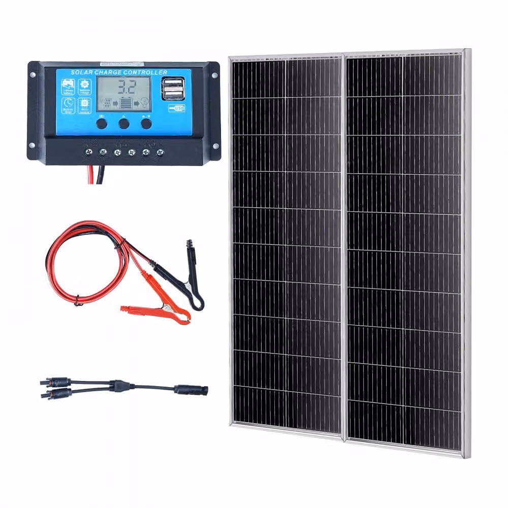 "Set di 2 pannelli solari da 200W - Modulo solare monocristallino - Regolatore di carica incluso - Corrente di carica di 16,66A - Efficienza del 23% - Compatibile con batterie AGM, GEL, FLD, LI - Per camper, yacht"
