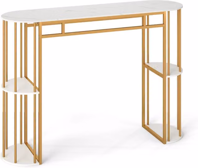 Tavolino da bar moderno bianco con piano rettangolare lucido e 4 ripiani di servizio, struttura in metallo e MDF, L/P/H: 150 x 60 x 105 cm