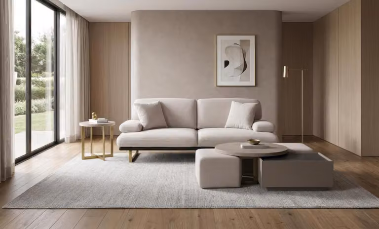 Divano, tavolino, tavolino di servizio, poggiapiedi, stile moderno, bianco, elegante, lusso