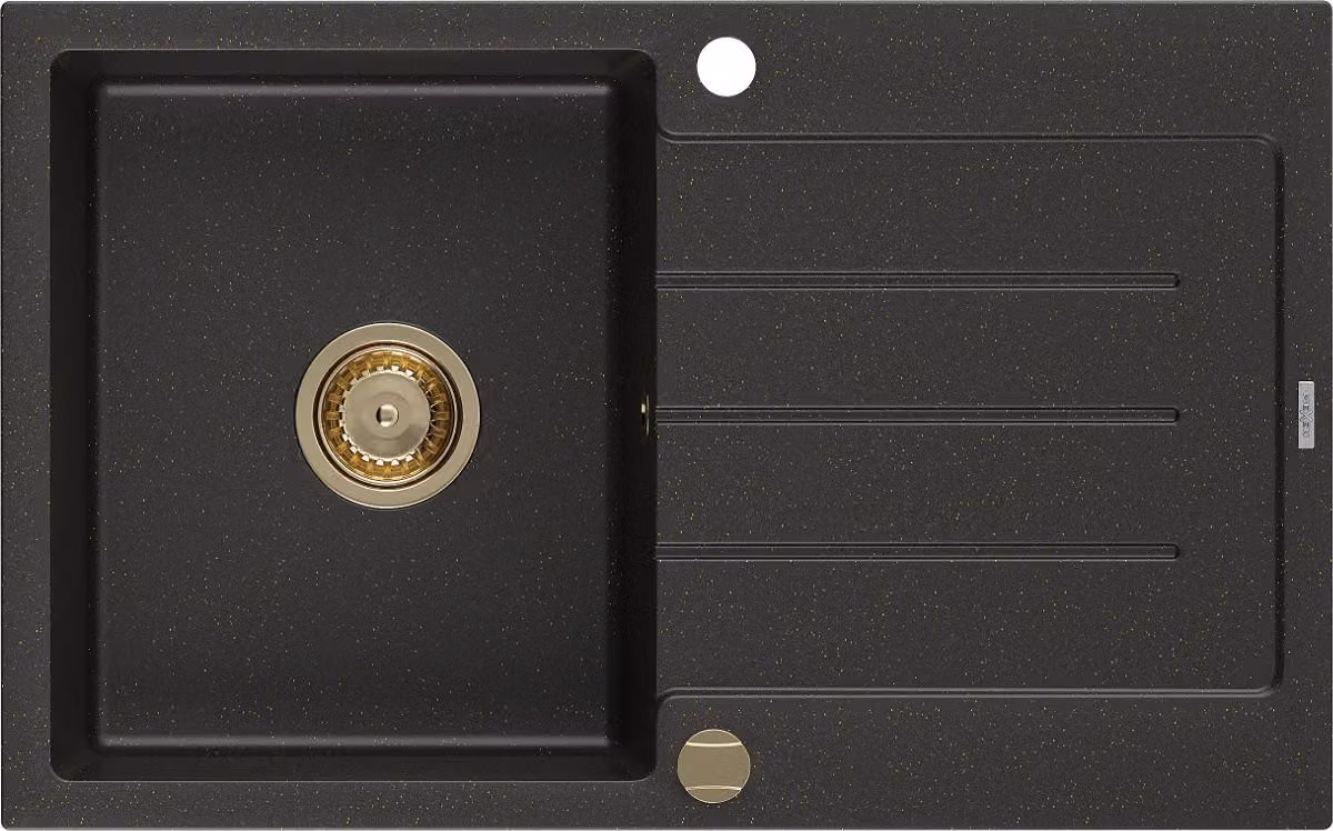Mexen Bruno lavello in granito 1 vasca con gocciolatoio 795 x 495 mm, nero/oro metallizzato, sifone oro - 6513791010-75-G