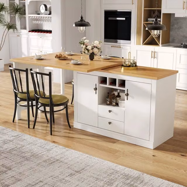 Tavolo da pranzo allungabile con vano portabottiglie e ripiani regolabili in MDF naturale e bianco 120 × 40 × 76 cm