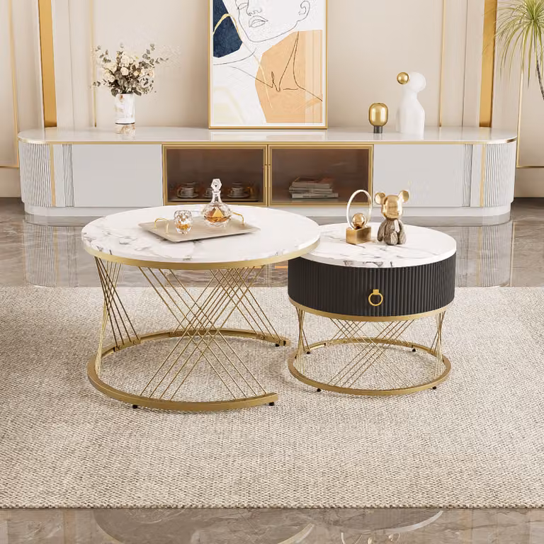 Set di 2 tavolini da salotto con cassetto Merax, tavolino con piano in marmo, tavolino da salotto dal design moderno con struttura in metallo, bianco