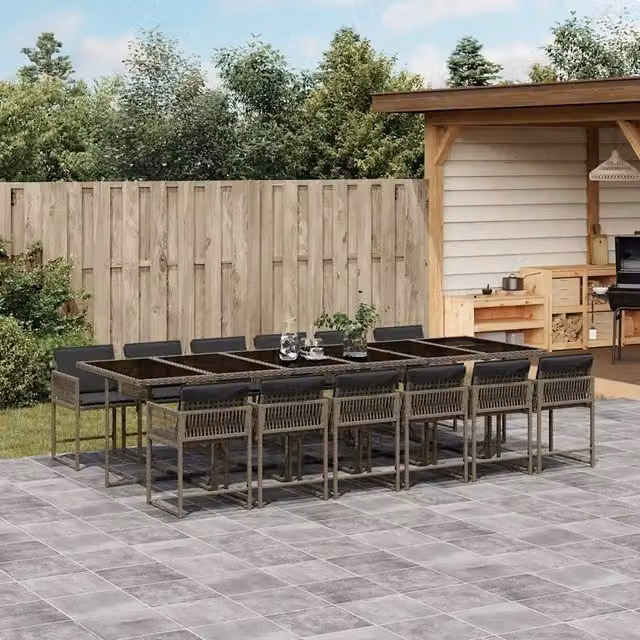Set da Pranzo da Giardino 13pz con Cuscini Grigio in Polyrattan 3211484