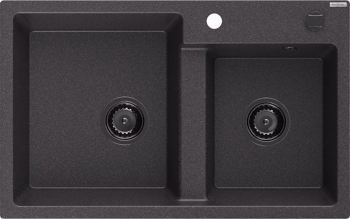 Mexen Tomas lavello in granito a 2 vasche 800 x 500 mm, nero maculato, sifone nero - 6516802000-76-B