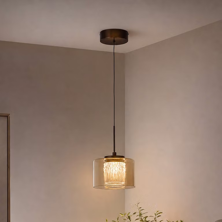 Searchlight Lampada a sospensione Tumblers, dimmerabile, Crema / Ambra, Soggiorno / Sala da pranzo, Alluminio, Lampada a sospensione