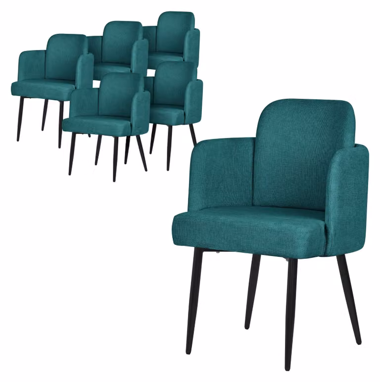 ML-Design set di 6 sedie da pranzo Rivestimento in tessuto petrolio Sedia da cucina con braccioli e schienale in rattan Sedia imbottita con gambe in metallo Ergonomica