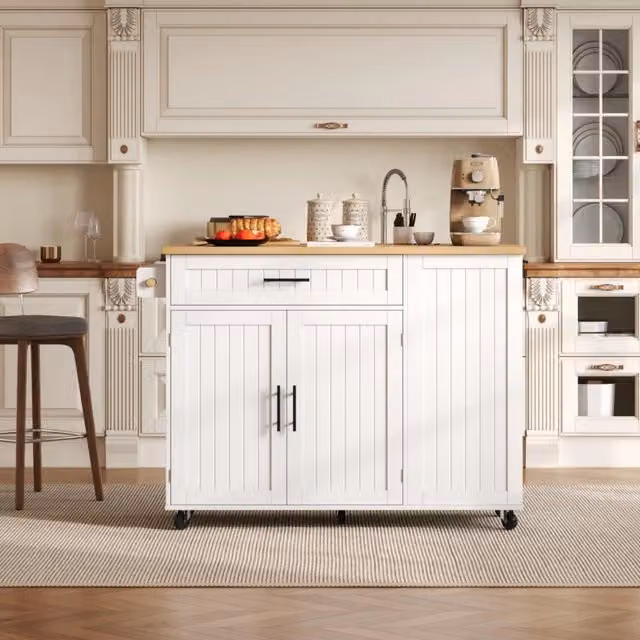 Carrello Isola da Cucina Pieghevole REDOM in MDF Bianco con Ruote L/P/H: 130 x 70 x 93 cm