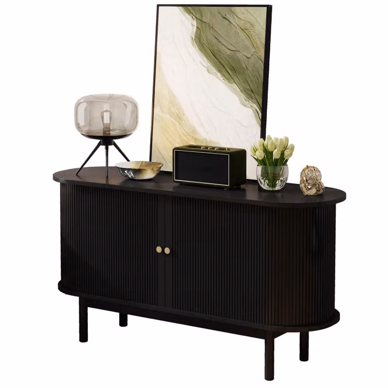 AIORBER Credenza retrò in legno, cassettiera a doghe con ante scorrevoli e gambe in legno di pino, mobile da 138 cm con ripiani regolabili, nero