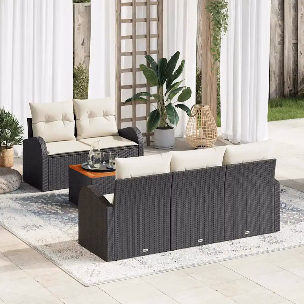 Set Divano da Giardino vidaXL 6 Pezzi in Polyrattan con Cuscini Nero e Beige – 1