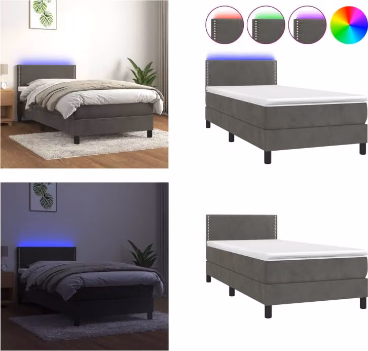 vidaXL Letto a molle con materasso e LED in velluto grigio scuro 100x200 cm - Letto a molle - Boxspringbetten - Bett - Schlafzimmermöbel