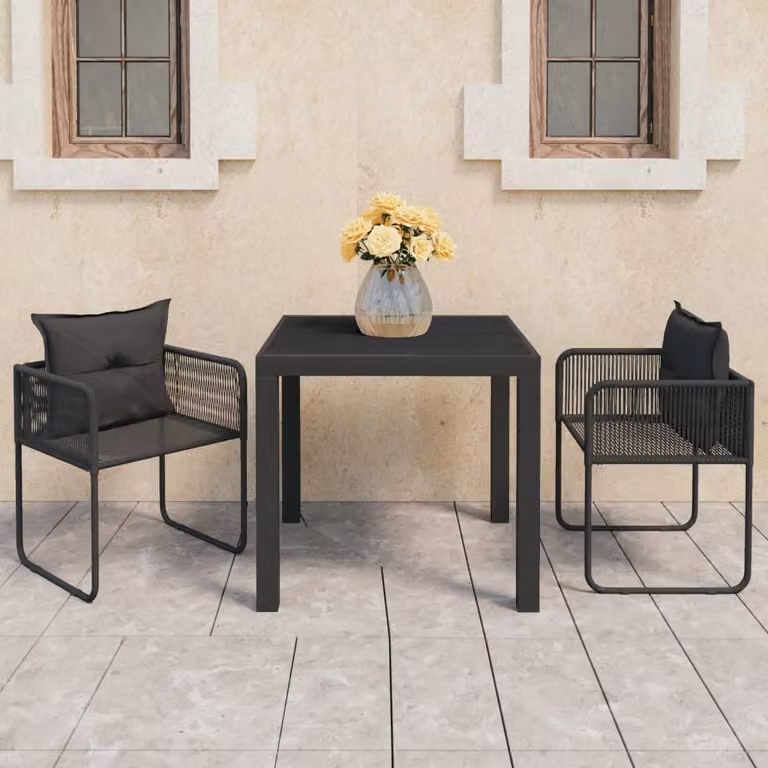 Set da pranzo da giardino vidaXL in polyrattan e metallo, 3 pezzi, nero e grigio